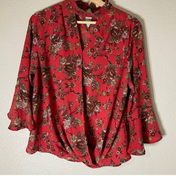 Monteau Red and Gray Wrap Blouse with Bell Sleeves NWOT - Picture 4 of 11